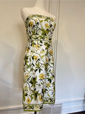 Ann Taylor Petite Strapless Cotton Midi Dress Retro 70s Botanical Border 2P